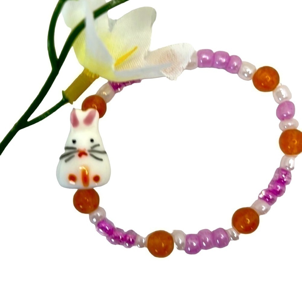 Handmade Ceramic & Glass Bunny Orange/Pink Stretchy Bracelet 6” - Picture 3 of 3